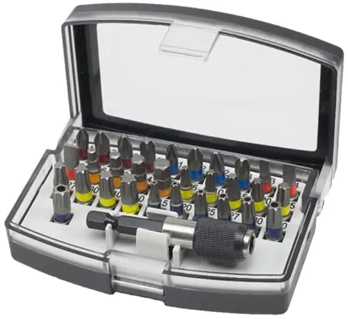 Toolchest Bit Box TC32v1 PRO 32-tlg. Schrauber Bit Set (SL-, PH-, PZ-, HEX- und TRX-Bits) mit Bithalter und Gürtel-Clip
