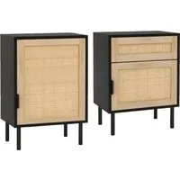 Costway Nachttisch Rattan 2er Set Schwarz - Elegantes 2er Set Nachttische aus Rattan mit stabilen Metallbeinen. Ideal für Stauraum mit geräumiger Schublade und praktischem Schrank. Perfekte Ergänzung für Schlafzimmer und Wohnzimmer.