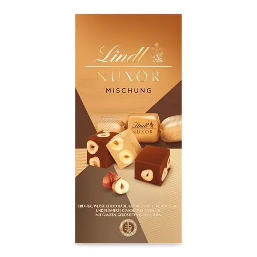 Lindt Schokolade NUXOR Beutel Mischung 103g - Schokoladen-Geschenk mit cremigen Gianduja-Würfeln in drei Sorten, ideal zum Teilen oder Genießen. Hochwertige Zutaten und über 175 Jahre Schweizer Schokoladenexpertise.