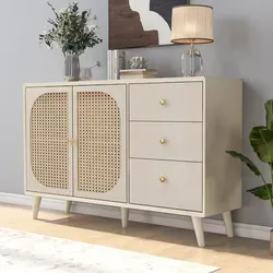 Anrichte Aus Spanplatte In Off-white, 120,0x40,0x82,5 Cm, Mit 2 Türen, 3 Schubladen Und Rattangeflecht