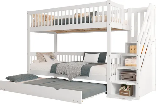 Etagenbett mit Lattenrost und Aufbewahrung, 90x200 cm für Kinder - Praktisches Etagenbett für zwei Schlafgelegenheiten mit zusätzlichem Gästebett. Mit stabilem Lattenrost, rundum Absturzschutz und cleverer Aufbewahrung in der Treppe. Ideal für den modernen Kinder- und Jugendbereich.