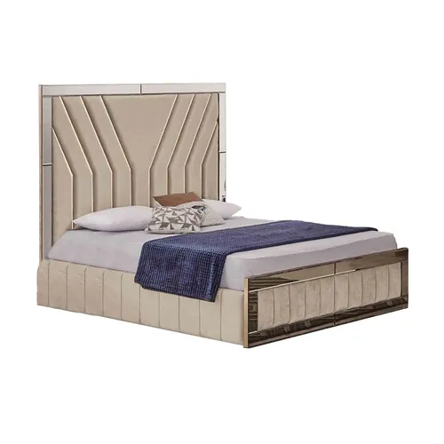Beiges Designer Doppelbett 160x200 cm - Luxuriöser Bettrahmen aus Holzfurnier und MDF, modern und elegant, ideal für ein stilvolles Schlafzimmer. Pflegeleicht und einfach zu montieren.