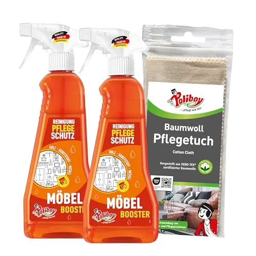POLIBOY Möbel Booster - Reinigendes Möbelpflegemittel - Entfernt als Möbelreiniger Schmutz und frischt auf -2x 375 ml - Mit Baumwolltuch - Made in Germany
