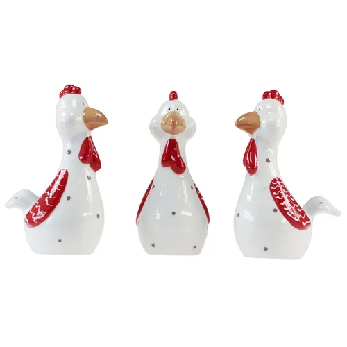 Deko Hühner Osterdeko Figuren Keramik 15cm Set 3St - Charmantes Set aus 3 Hühnerfiguren aus Keramik im Landhausstil, ideal für die festliche Tischdekoration zu Ostern. Verleihen Sie Ihrem Zuhause einen fröhlichen Akzent in glänzendem Weiß.