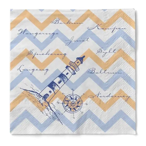 Sovie HORECA Tissue Serviette MARITIM 33 x 33 cm, 1/4 Falz, 100 Stück – Papierservietten mit maritimen Motiven in Hellblau & Beige – Leuchtturm, Anker, Muscheln, Seestern