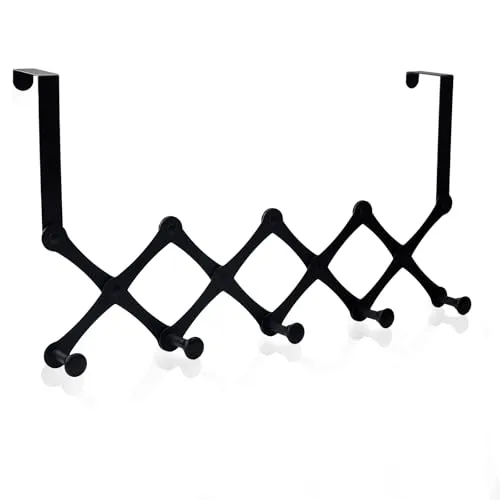 Türhaken Schwarz, Türgarderobe mit 5 Haken,Ausziehbar(10-45cm), Kleiderhaken Tür Ohne Bohren, Garderobenhaken tür für Küche, Badezimmer, Flur und Schlafzimmer (Schwarz,ürfalzstärken bis 4.7cm)