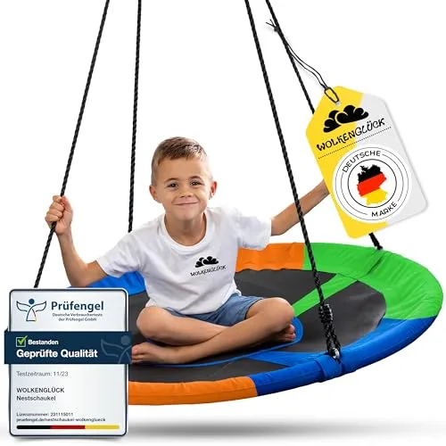 WOLKENGLÜCK® Nestschaukel [Ø 110 cm] - Höhenverstellbare Schaukel Outdoor & Indoor für Kinder und Erwachsene [belastbar bis 150 kg] - Tellerschaukel inkl. Montage-Zubehör - Schaukel Kinder (Bunt)