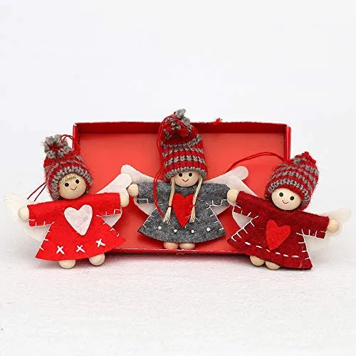 Dekohelden24 ***Filzpüppchen Engel mit Strickmütze als Anhänger/Baumbehang im 3er Set, Maße L/B/H: 1,5 x 5 x 8 cm.