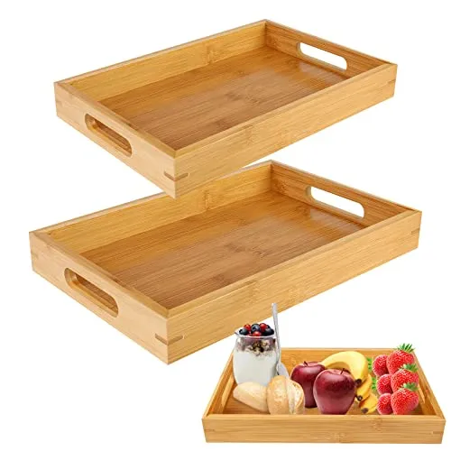 Nizirioo Bambus Serviertablett mit Griffen: 2 Stück Rechteckig, Holz, Modern, Poliert, Rustikal-modern, 2x (38x25x4cm, 30x20x4cm), für Frühstück, Tee, Couchtisch, Küchen Deko, Bett