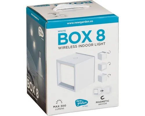 New Garden BOX 8 BATTERY weiß – Dimmbares LED-Licht - Technik: Wiederaufladbare, dimmbare LED-Lampe für den Innenbereich, einfach zu installieren mit Magnet oder Klebepads, warmes Licht und 300 lm Helligkeit.