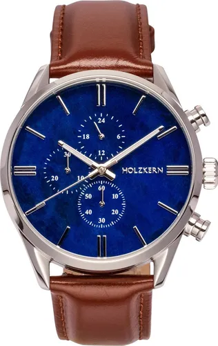 Holzkern Quarzuhr Chronograph Naturalist Marmor/Silberfarben - Edle Armbanduhr für Männer mit präzisem japanischem Quarzwerk, Datumsanzeige und stilvollem Zifferblatt aus blauem Marmor. Spritzwassergeschützt und mit hochwertigem Lederarmband.