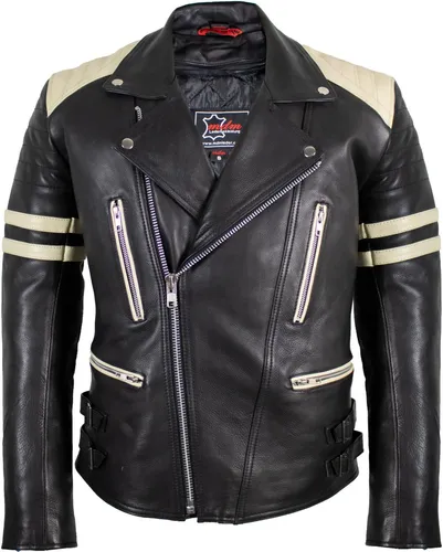 Motorrad Lederjacke Retro Herren 80's Old School Bikerjacke (S) - Klassische 80s Bikerjacke aus robustem Rindsleder, stylisch und funktional. Mit herausnehmbaren Protektoren und verstellbarem Schnitt für optimalen Komfort beim Fahren. Ideal für Club-Logos und Patches.