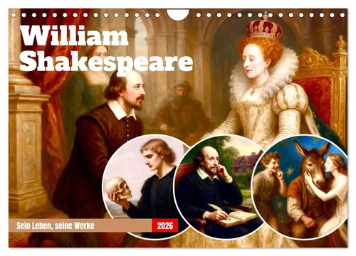 William Shakespeare Wandkalender 2026 - DIN A4 quer Monatskalender mit zeitlosen Zitaten und Bildern, ideal für Literaturfreunde und als stilvolle Wanddekoration.