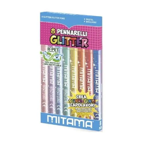 Mitama Dreieckiger Glitzer-Pinsel, feine Spitze, 8 Filzstifte, mehrfarbig, Taglia Unica, Schulmäppchen