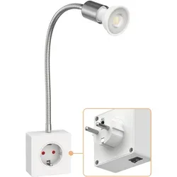ledscom.de Steckdosenlampe LESCH Leselampe, chrom/weiß inkl. GU10 LED Lampe - Lampen mit integrierter Schuko-Steckdose für mehr Funktionalität. Flexibel durch schwenkbaren Hals, ideal für Lesen oder Arbeiten. Energieeffizient mit 468 lm bei nur 5,8 W.