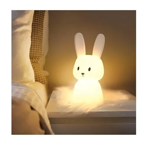 SOLIDEE Nachtlicht Kinder - Bunny Silikon Stilllicht - Nachtlichter & Schlummerleuchten für Kinder, aus BPA-freiem Silikon, dimmbar mit 7 Farben, USB-aufladbar und ideal für sanftes Einschlafen.