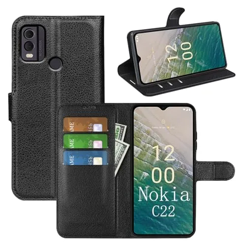 betterfon Handyhülle Kompatibel mit Nokia C22 | Premium Qualität TPU Klapphülle für C22 mit Kartenfächern | Magnetverschluss Handyhülle | Schwarz