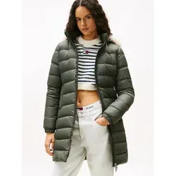 Tommy Jeans Steppmantel TJW ESSENTIAL HOODED DOWN COAT - Funktionsjacke in Pewter Green mit abnehmbarer Kapuze und Fellimitat für optimalen Komfort und Stil.