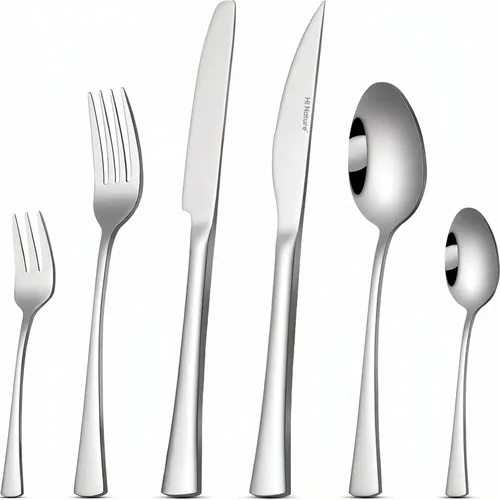 HI NATURE™ Besteck Set 6 Personen 36-teilig mit Steakmesser – Hochglanzpoliertes 18/0 Edelstahl Besteck