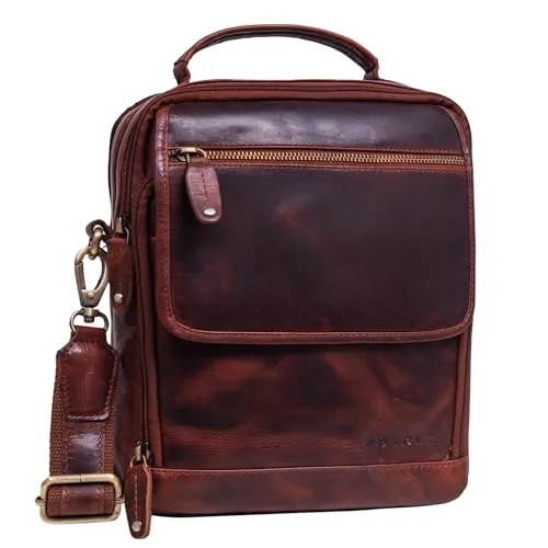 ROYALZ 'Tennessee' Handliche Echtleder Herrentasche zum Umhängen - Kleine Leder-Tasche Herren Umhängetasche Männerhandtasche im Vintage Design für Tablet 11 Zoll, Farbe:Roma Cognac Braun