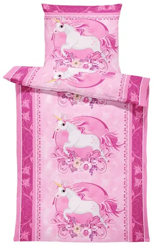 One Home Bettwäsche Motive, Mikrofaser, 2 teilig, Einhorn Pferde Unicorn Kinder, Knitterfrei Weich Sommer und Winter