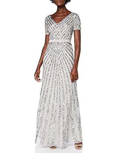 Maya Deluxe Damen Maya Deluxe Evening Sequins Maxi Evening Elegant for Wedding V-neck A-line Cut Bridesmaid Dress, Grau, 42 EU