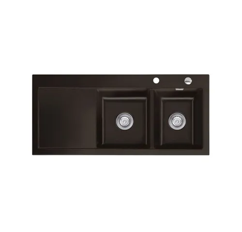 Systemceram Mera Double Siena Keramik-Spüle mit Excenterbetätigung - Elegante 2-Becken-Keramikspüle in Dunkelbraun mit praktischer Abtropffläche. Ideal für die moderne Küche, sorgt für Funktionalität und stilvolles Design.