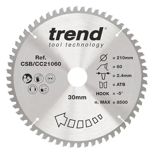 Trend Wood Gehrungssägeblatt, 210 mm Durchmesser, 30 mm Bohrung, 60 Zähne, 2,4 mm Schnittfuge, -5° Haken, TCT, extrafeine Oberfläche, CSB/CC21060