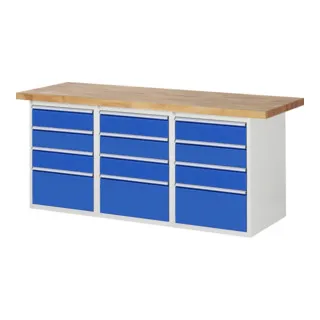 Rau Werkbank 7510A4 - Robuste Standardwerkbank mit 12 Schubladen - Standardwerkbank mit einer 40 mm starken Buche-Massiv-Arbeitsplatte, ideal für Werkstätten. Hohe Belastbarkeit von 1000 kg und umweltfreundlicher Oberflächenschutz.