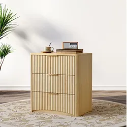 Nachttisch Mdf Eiche 58x38x64 Cm Mit 3 Schubladen, Rillenfront, Goldfarbenen Griffen Und Gedämpften Metallschienen