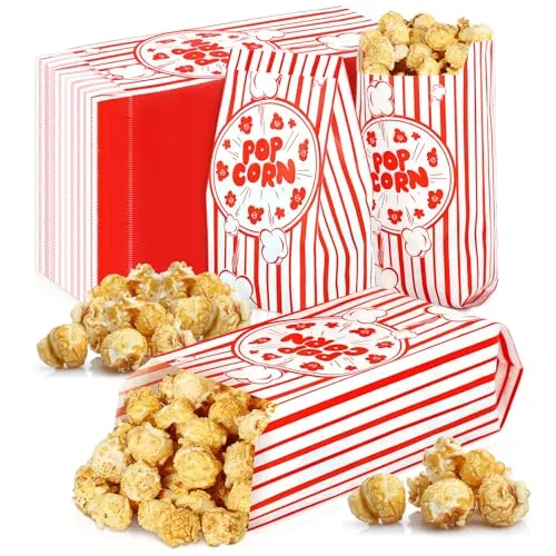 Votoko 150 Stück Popcorn Tüten, 9X21cm Klein, Popcorn Zubehör, Rot Weiß Gestreiften popcorntüten, Für Kino, Geburtstagsfeier, Weihnachten, Partysnacks,Süßigkeiten Tüten