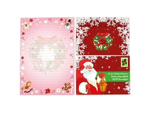 Briefpapier-Set A5 rosa Schreibblock liniert mit Umschlag Weihnachten Wichtelgeschenk für Kinder (1 Block A5 mit 25 Blättern + 15 bunt bedruckte Kuverts