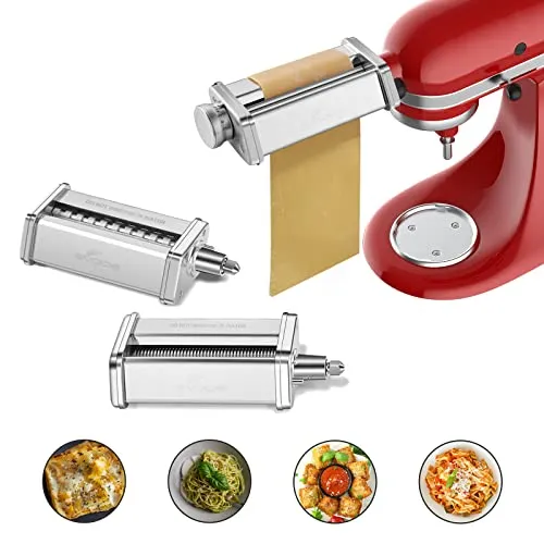 GVODE Edelstahl Nudelaufsatz für KitchenAid, 3 Stück Nudel-Aufsatz für KitchenAid-Zubehör inklusive Fettuccine-Schneider, Spaghetti-Schneider und Nudel-Walze – Pasta Zubehör für KitchenAid