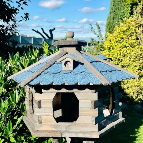 DARLUX handgefertigtes Vogelfutterhaus XL Sechseck Holz Vogelhaus Futterstelle Braun/Blau