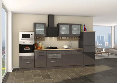 KOCHSTATION Küchenzeile KS-Mailand, 340 cm mit Elektrogeräten - Moderne Küchenzeile mit integrierten Elektrogeräten, elegantem Glashängeschrank und reversibler Montage für flexible Nutzung.