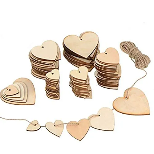 ToBeIT Herz Holz Scheiben 100 Stücke Holzanhänger Herz mit 10 Meter juteschnur - holzherzen für Tischdeko,Hochzeitdeko Streudeko DIY Handwerk Verzierungen Naturholzscheiben (100pcs/30-80mm)