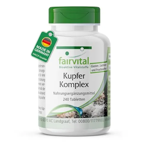 fairvital, Kupfer Komplex, 240 Tabletten, 2mg Kupfer pro Tablette, schluckfreundlich, qualitätsgeprüft und hochdosiert, 100% vegan, Made in Germany