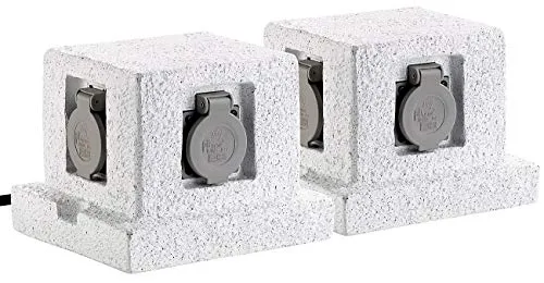 Royal Gardineer Energiestation Garten: 2er-Set 4-fach-Garten-Steckdosen, Stein-Optik, Spritzwasserschutz IP44 (Steckdosenstein ohne Kabel, Gartensteckdose Verteiler, Weihnachtsbeleuchtung)