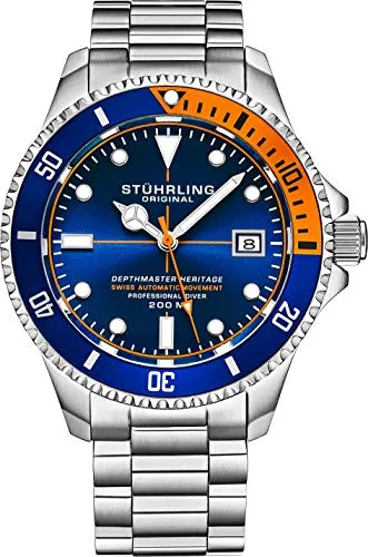 Stuhrling Original Automatische Herren-Taucheruhr aus Edelstahl, mit verstellbarem Edelstahlarmband, Blau, Orange, Taucheruhr