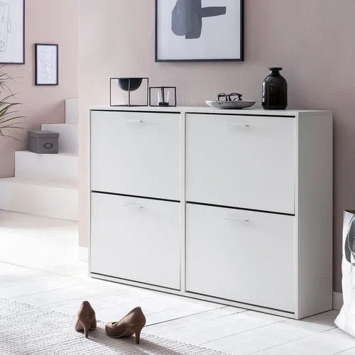 FINEBUY Schuhkipper SuVa14543_1 Schuhschrank Schuhregal Flurschrank 24 Paar Schuhe (Schuhregal Weiß 4 Fächer, Modern 120 x 81 x 24 cm), Design Schuhkommode Hoch, Schuhschrank mit Ablage