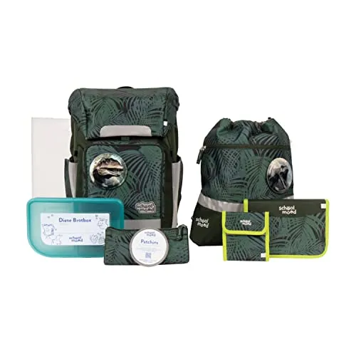 SCHOOL-MOOD Softbag Schulranzen Set Dinosaurier - Ergonomisches 8-teiliges Set für Kinder - Schulranzen Set für Kinder in der 1. bis 4. Klasse, ergonomisch zertifiziert und klimaneutral. Inklusive Ranzen, Turnbeutel, Brotdose und mehr - ideal für kleine Dinosaurier-Fans!