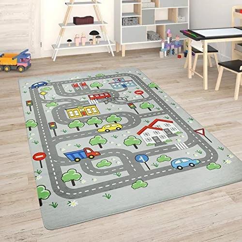 Paco Home Kinderteppich Teppich Kinderzimmer Spielmatte Straßenteppich Spielteppich, Grösse:155x230 cm, Farbe:Grau