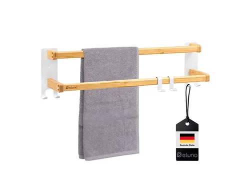eluno Handtuchständer aus Metall und Bambus - Stylischer Handtuchhalter 60 cm, selbstklebend oder mit Schrauben montierbar. Mit 6 praktischen Haken und trendigem Design für jedes Badezimmer.