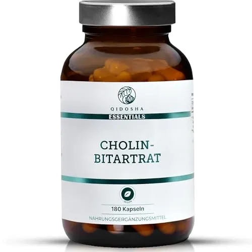 QIDOSHA® Cholin Bitartrat Kapseln hochdosiert, 180 Stk im Apothekerglas, volle 760mg Cholin-Bitartrat je Kapsel, vegan, laborgeprueft, deutsche Fertigung // NEU: höhere Wirkstoffmenge