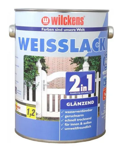 Wilckens Weisslack Seidenmatt 2in1 Grundierung+Lack 2,5L - Hochwertiger, glänzender Lack für Innen und Außen, ideal für Holz und Metall. Wasserbasierend und leicht zu verarbeiten mit nur 2 Anstrichen.