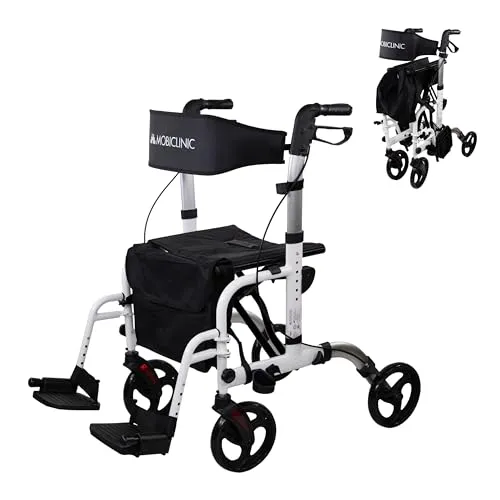 Mobiclinic®, Klappbarer Rollator, mit Fußstütze, Klappbar, Höhenverstellbar, Max. 136 kg, mit Bremsen, Umkehrbare Rückenlehne, 360°-Rollen, Tasche, Stockhalterung, Ibiza