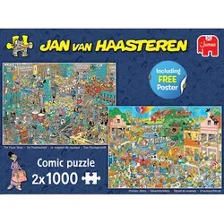 Jumbo 20049 Jan van Haasteren Musikgeschäft & Urlaubsvorfreude Puzzle - Puzzle mit 2x1000 Teilen, humorvolle und detailreiche Illustrationen von Jan van Haasteren, ideal für Puzzleliebhaber und Sammler.