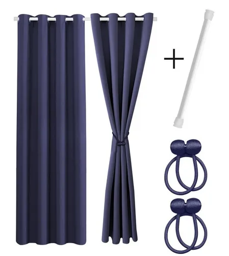 Cozyor Vorhang Set mit 2x Gardine + 2x Vorhanghalter + 1x Gardinenstange ohne Bohren (2 St), Ösen, verdunkelnd, Polyester, blickdicht dunkelblau Ocean, Thermo Gardine 160x135 cm mit Magnethalter, Flur & Fenster