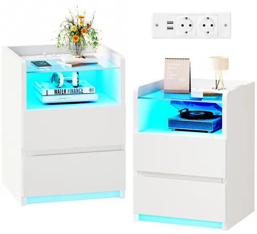 BEWISHOME Nachttisch 2er Set mit RGB-LED-Beleuchtung und Ladestation
