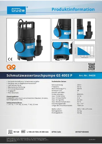Güde Schmutzwassertauchpumpe GS 4003 P